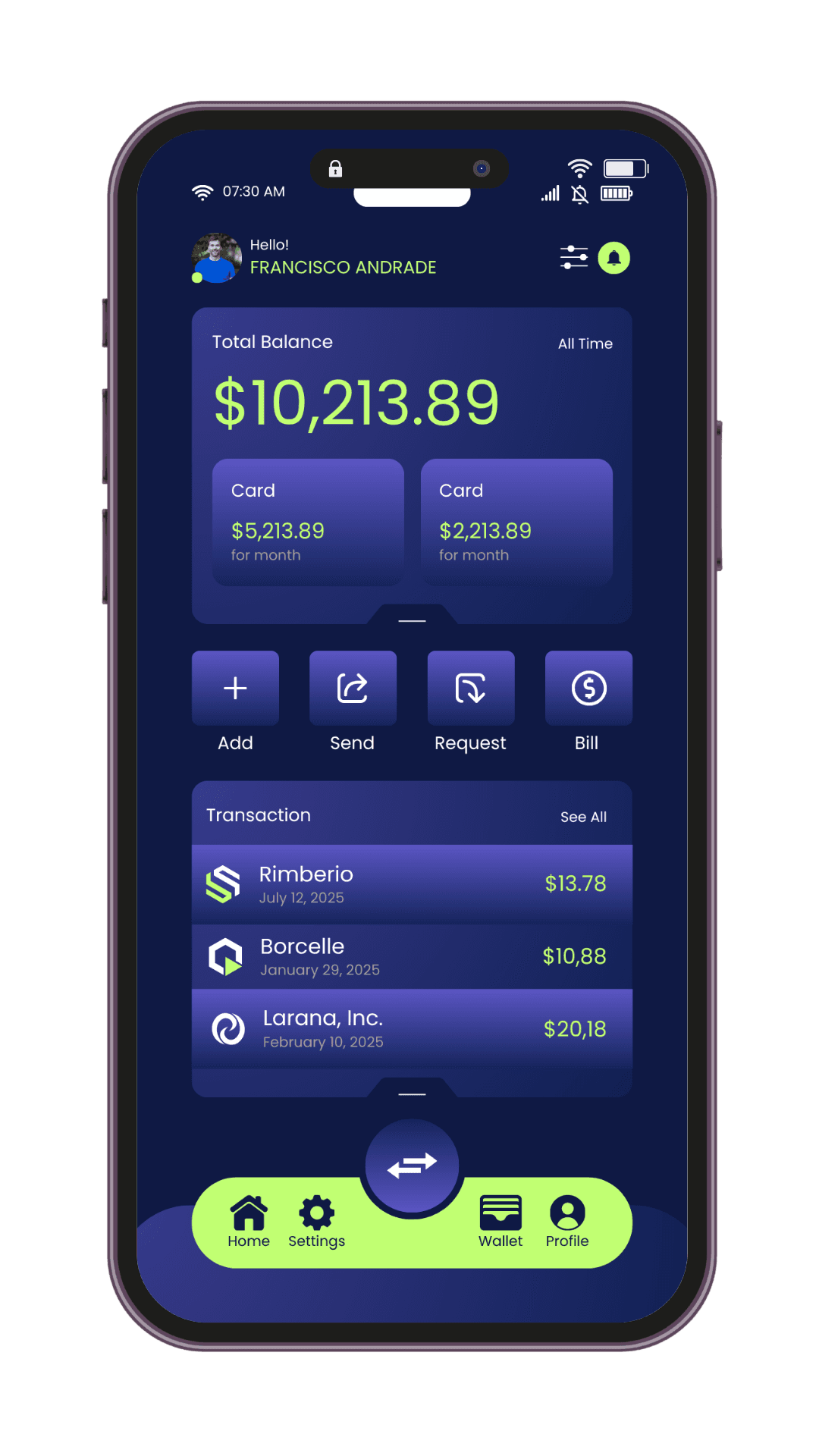 Custom mobile app dashboard displayed on a smartphone screen